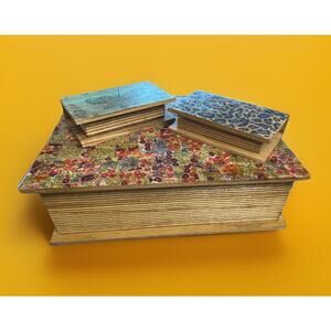 Set of 3 Wooden Faux Book Trinket Boxes Floral Butterfly Leopard 12.5"x9.75"x4"